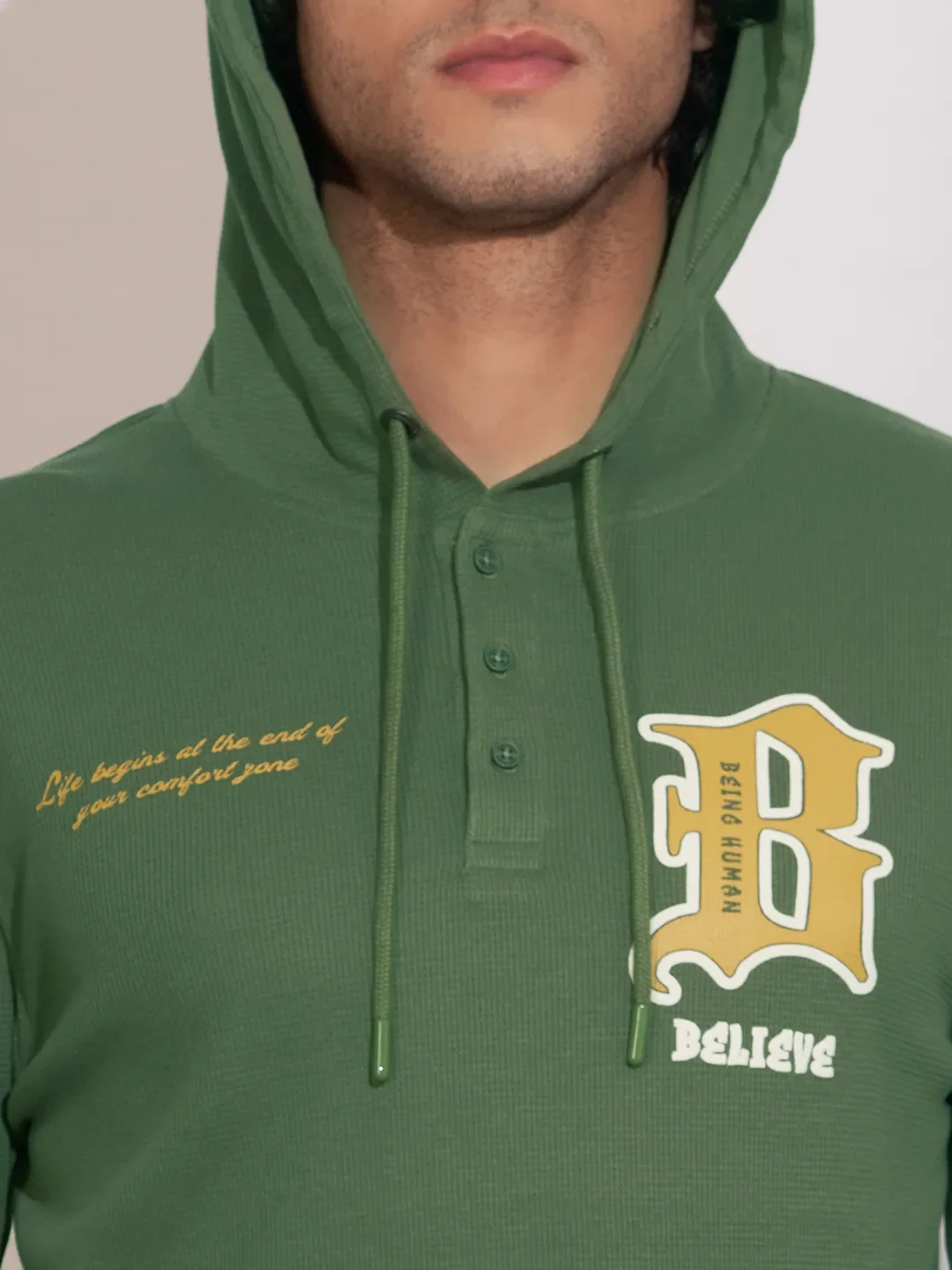 Green Regular Fit  Long Sleeves Cotton Men's Hoodie by Being Human Clothing - Image 5