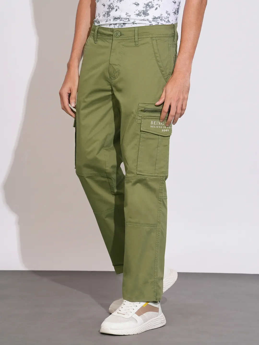 Green Regular Fit Cargos for Men By Being Human Clothing - Image 2