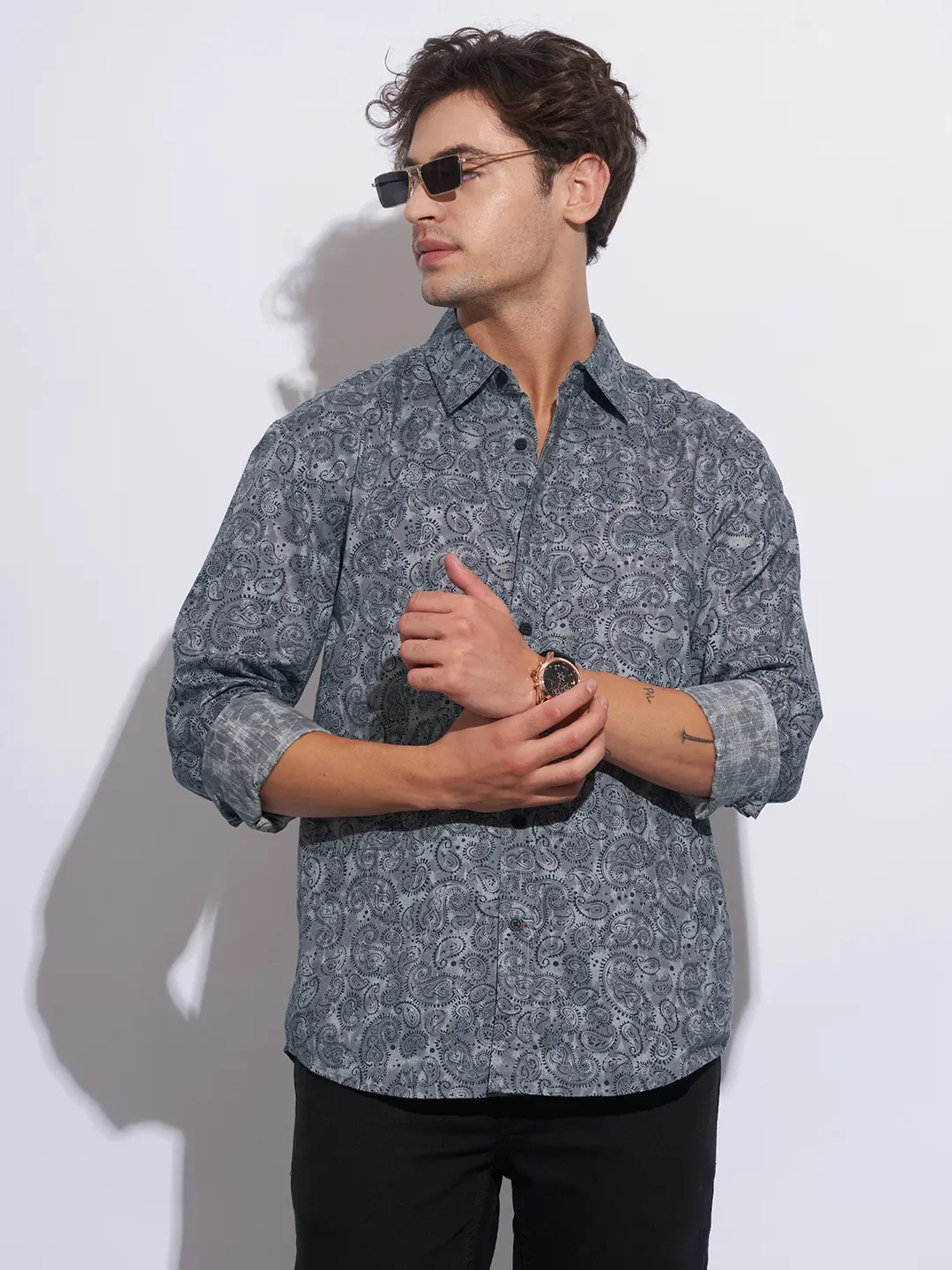 Grey Moderno Fit Regular Collar Long Sleeves Cotton Men's Shirt by Being Human Clothing - Image 6