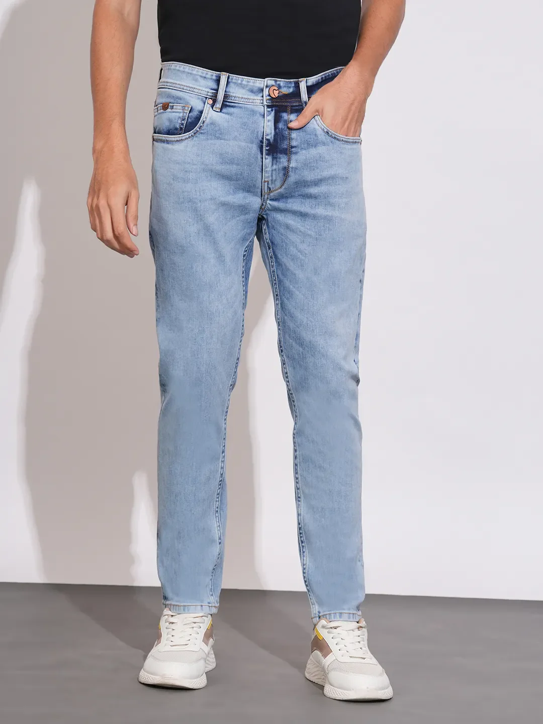 Blue Cropped Fit Cotton Blend Men's Denims by Being Human Clothing
