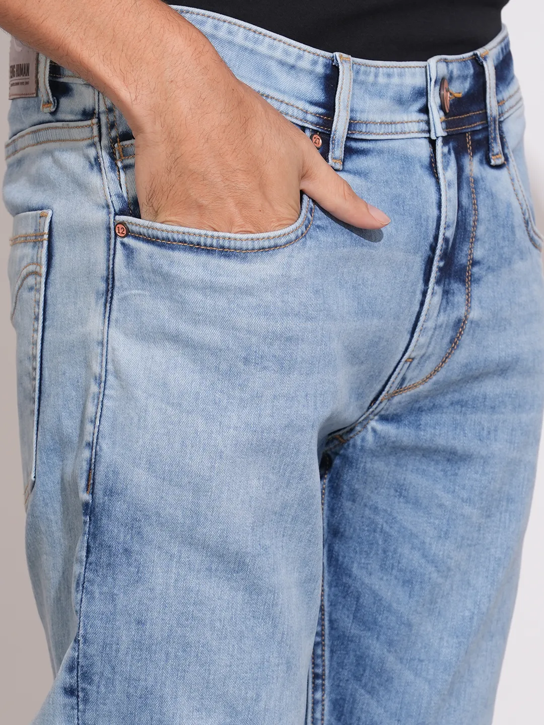 Blue Cropped Fit Cotton Blend Men's Denims by Being Human Clothing - Image 5