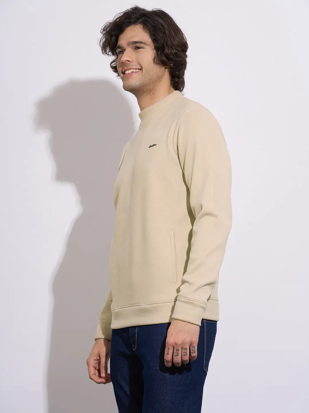 Beige Regular Fit Round Neck Long Sleeves Men's Sweatshirt by Being Human Clothing - Image 2