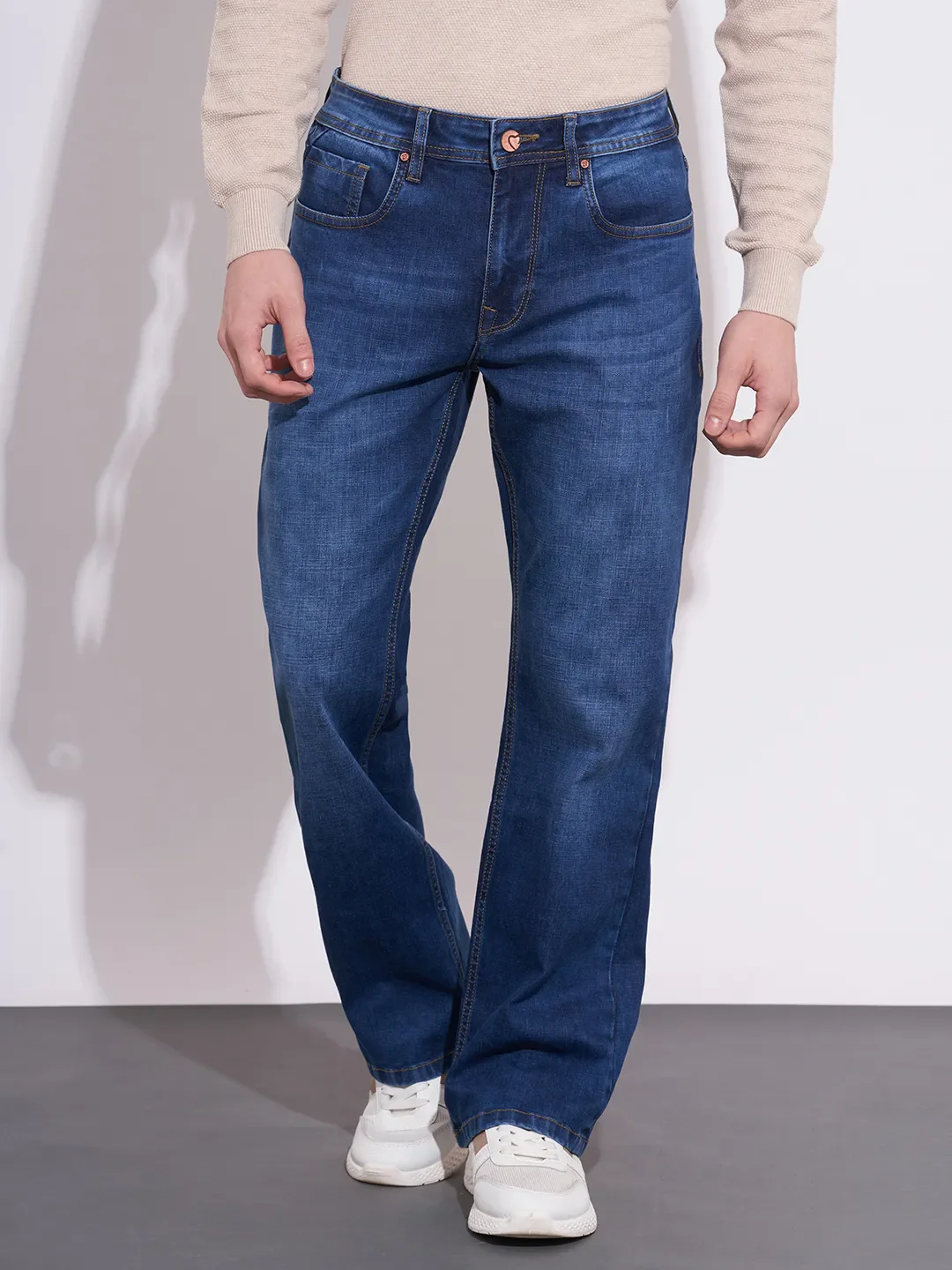 Blue Straight Fit Cotton Blend Men's Denims by Being Human Clothing