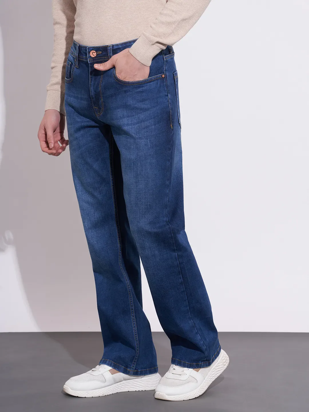 Blue Straight Fit Cotton Blend Men's Denims by Being Human Clothing - Image 2
