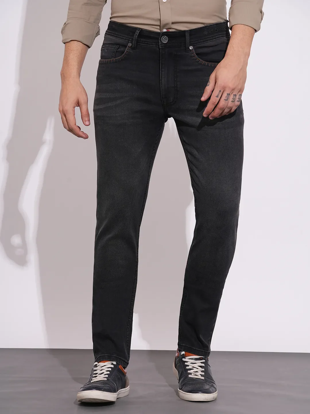 Grey Straight Fit Cotton Blend Men's Denims by Being Human Clothing