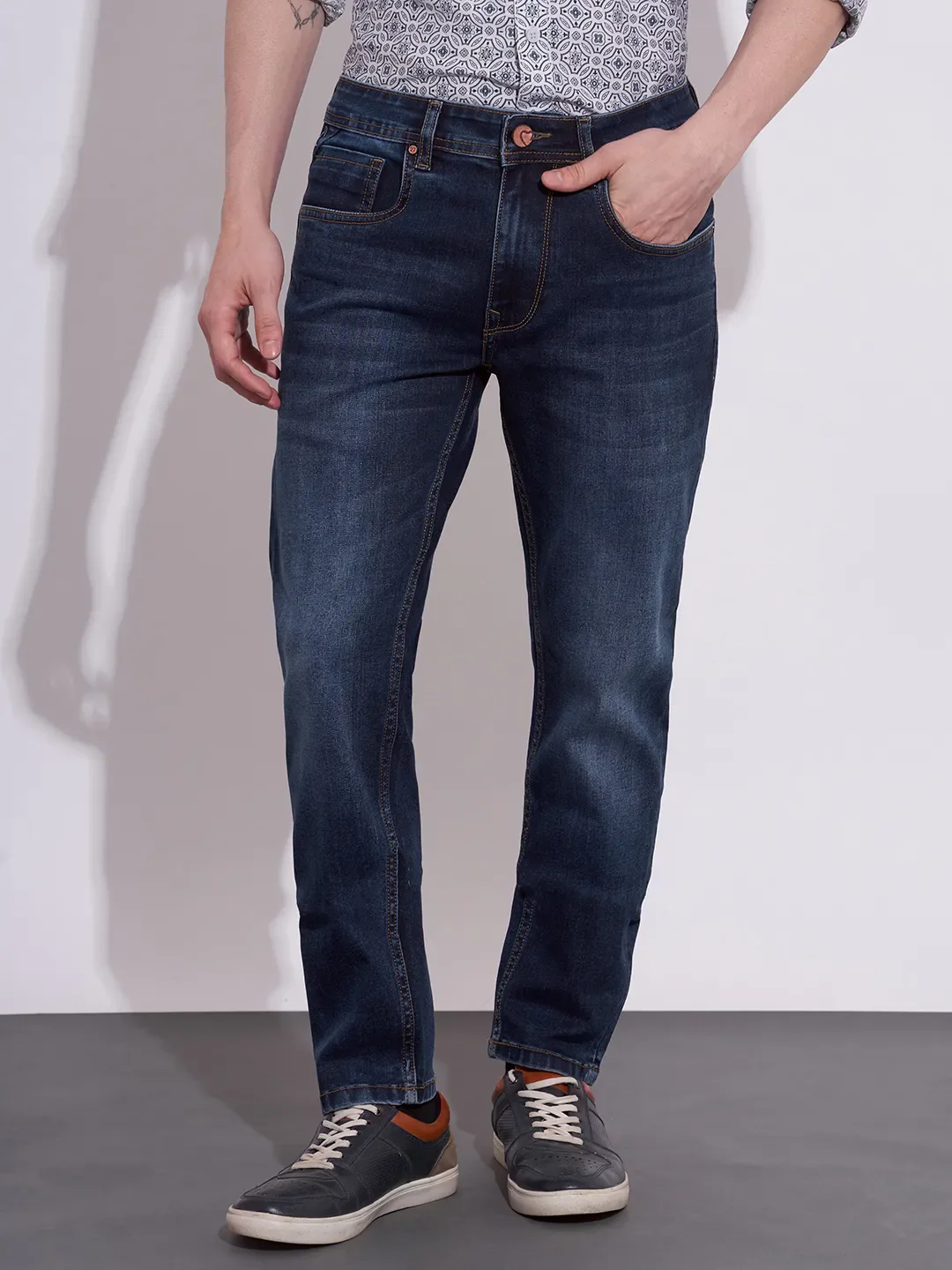 Dark Blue Cropped Fit Denims For Men By Being Human Clothing