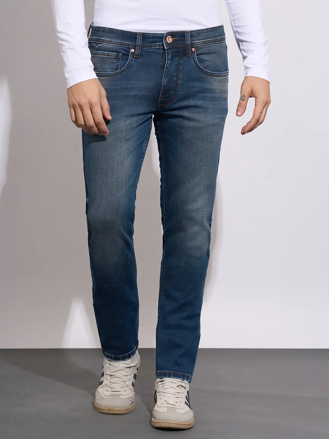 Dark Blue Slim Fit Denims For Men By Being Human Clothing
