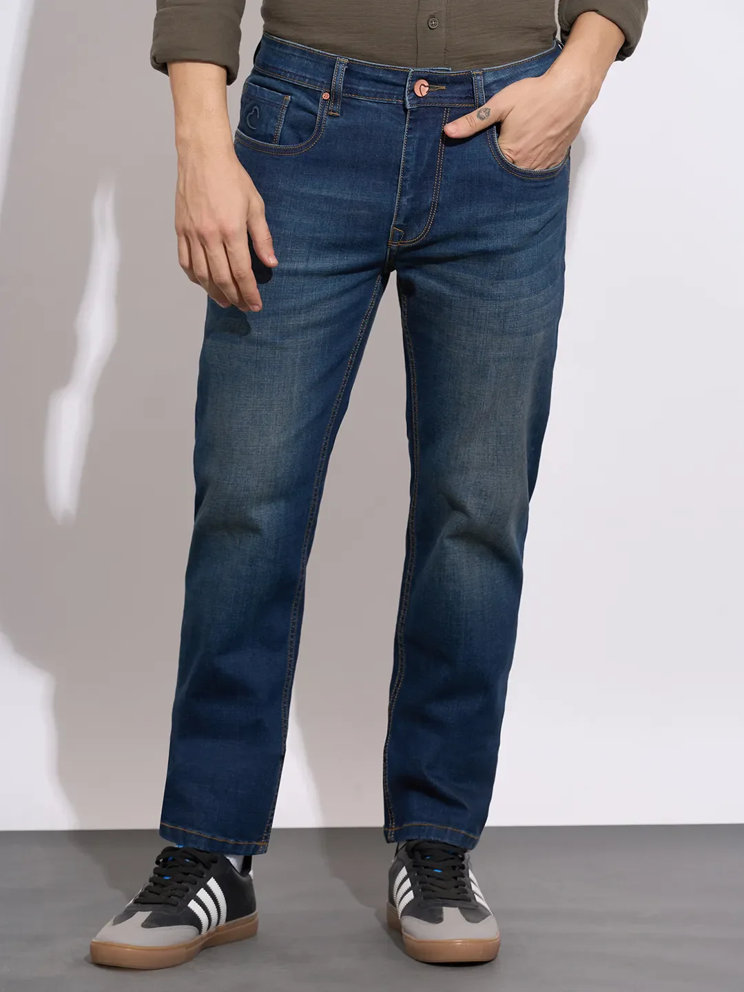 Dark Blue Straight Fit Denims For Men By Being Human Clothing