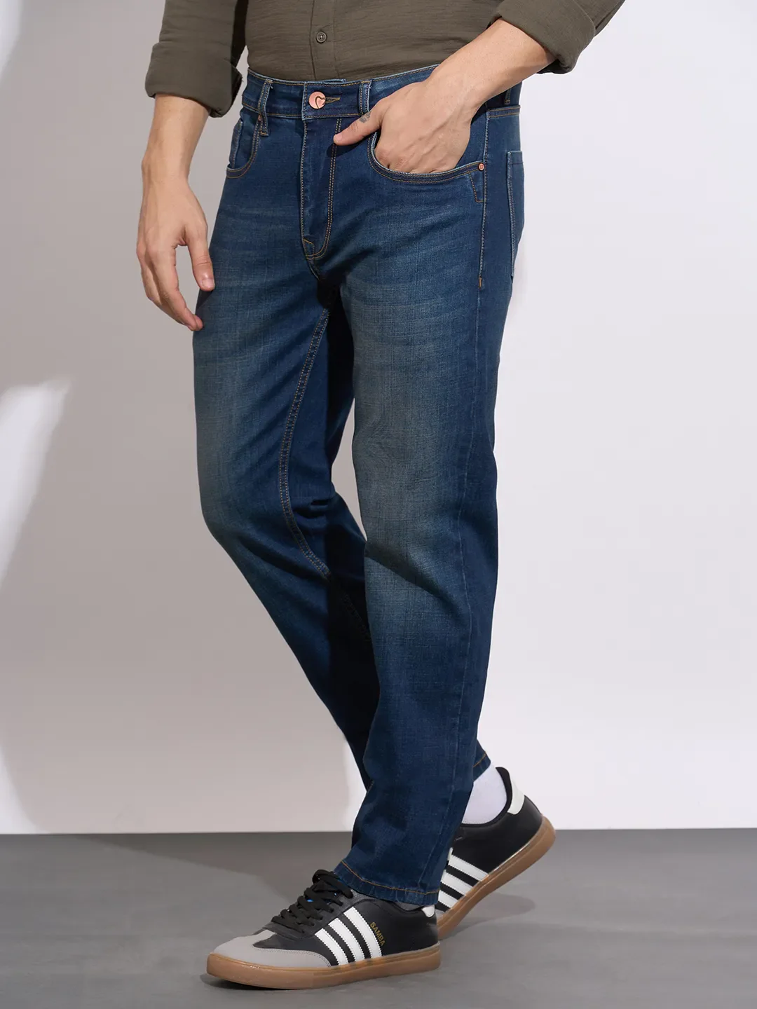 Dark Blue Straight Fit Denims For Men By Being Human Clothing - Image 2