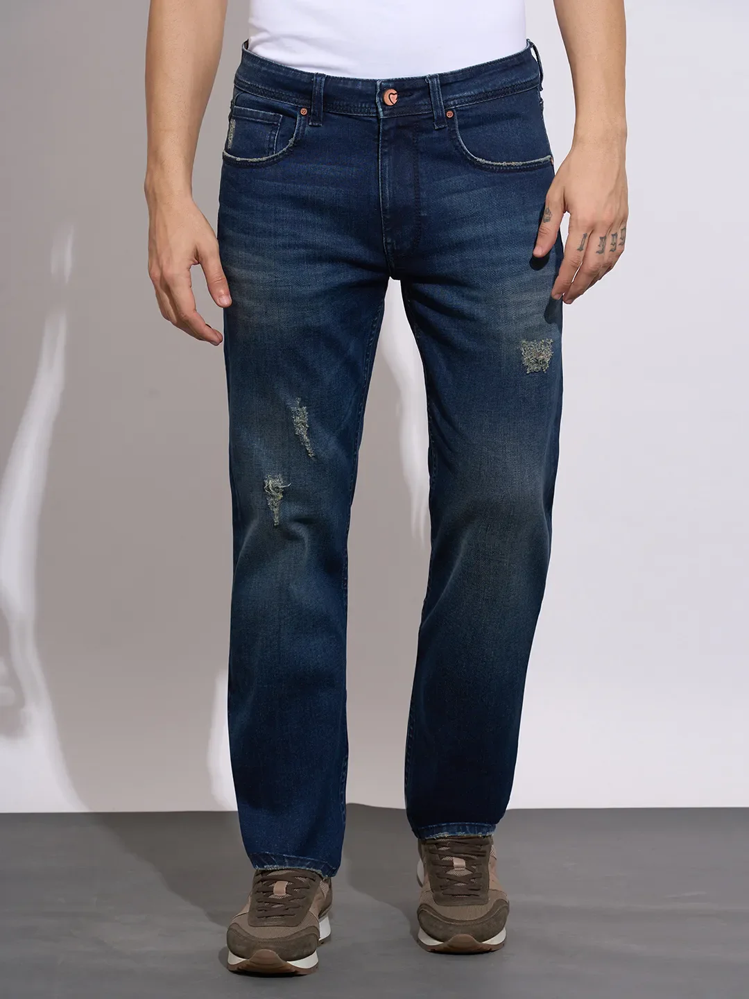 Blue Straight Fit Cotton Blend Men's Denims by Being Human Clothing