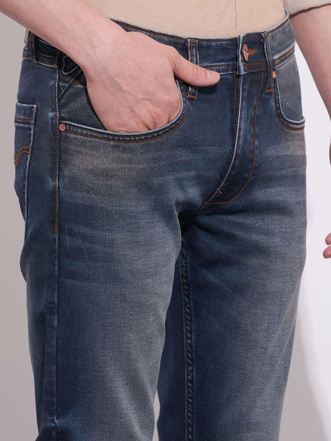 Dark Blue Straight Fit Denims For Men By Being Human Clothing - Image 5