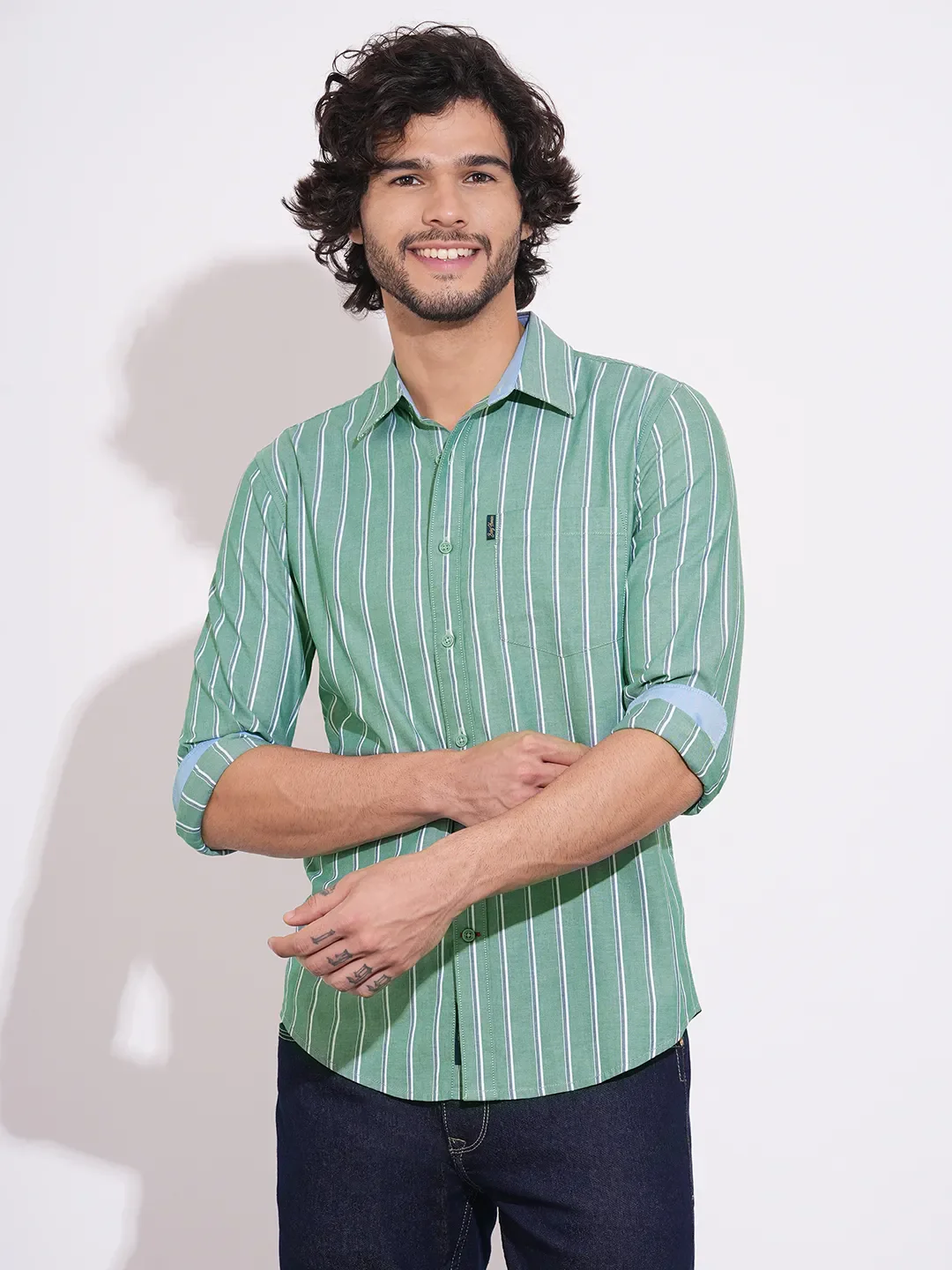 Green Regular Fit Regular Collar Men's Shirt by Being Human Clothing