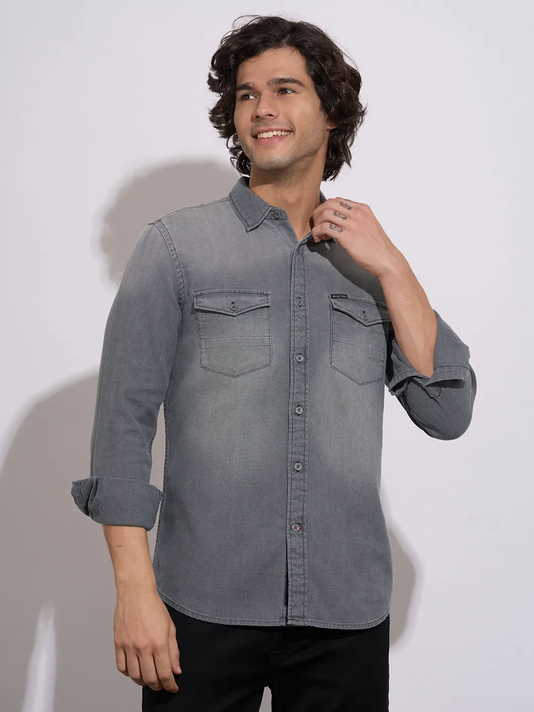 Grey Moderno Fit Regular Collar Long Sleeves Cotton Men's Shirt by Being Human Clothing