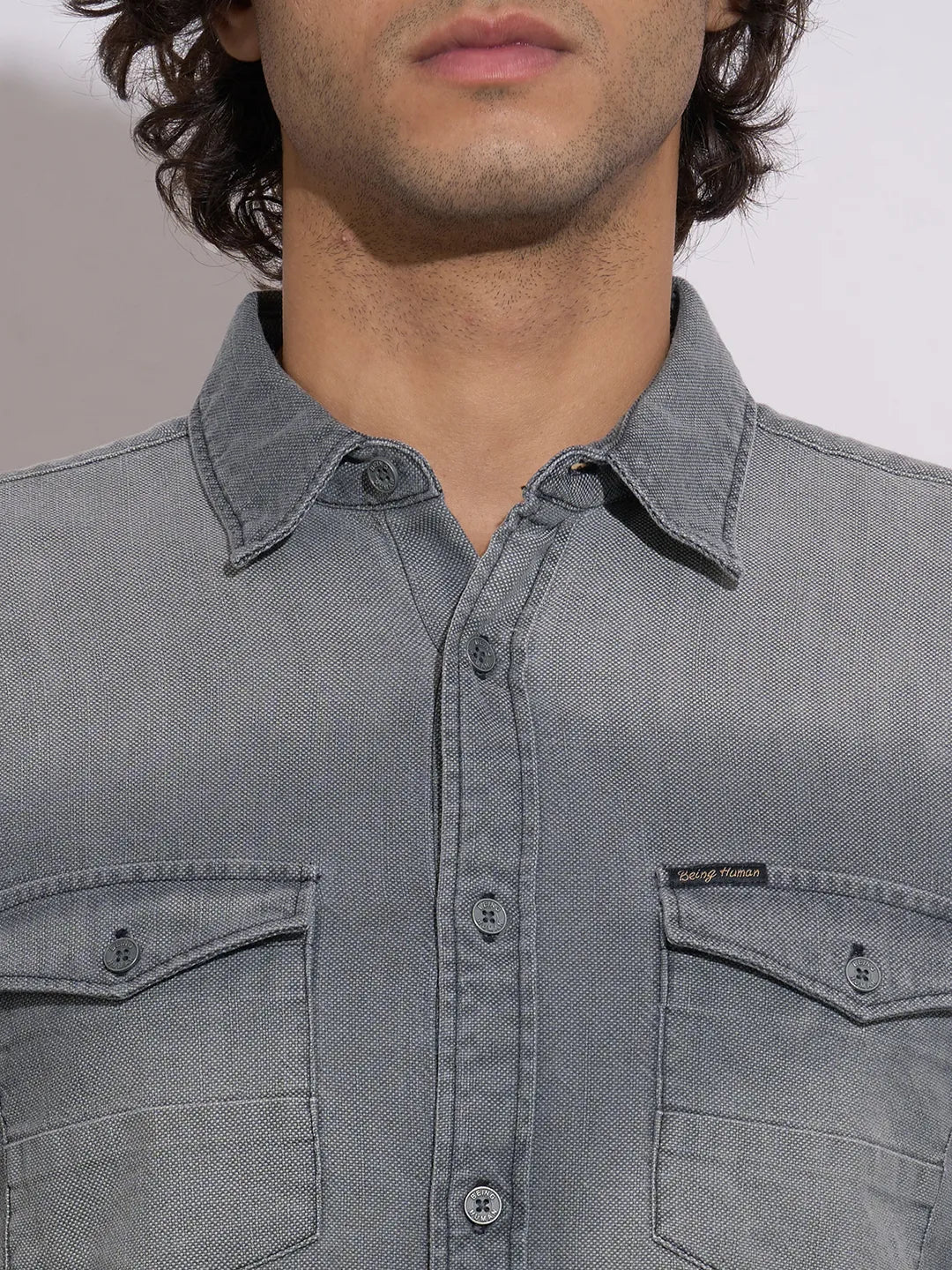 Grey Moderno Fit Regular Collar Long Sleeves Cotton Men's Shirt by Being Human Clothing - Image 5