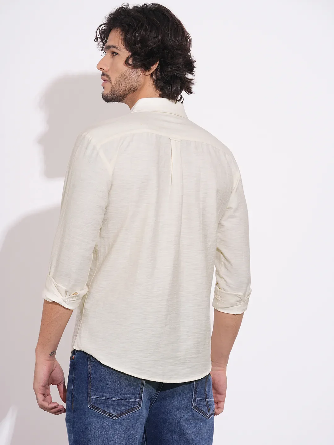 Beige Moderno Fit Regular Collar Long Sleeves Cotton Blend Men's Shirt by Being Human Clothing - Image 3