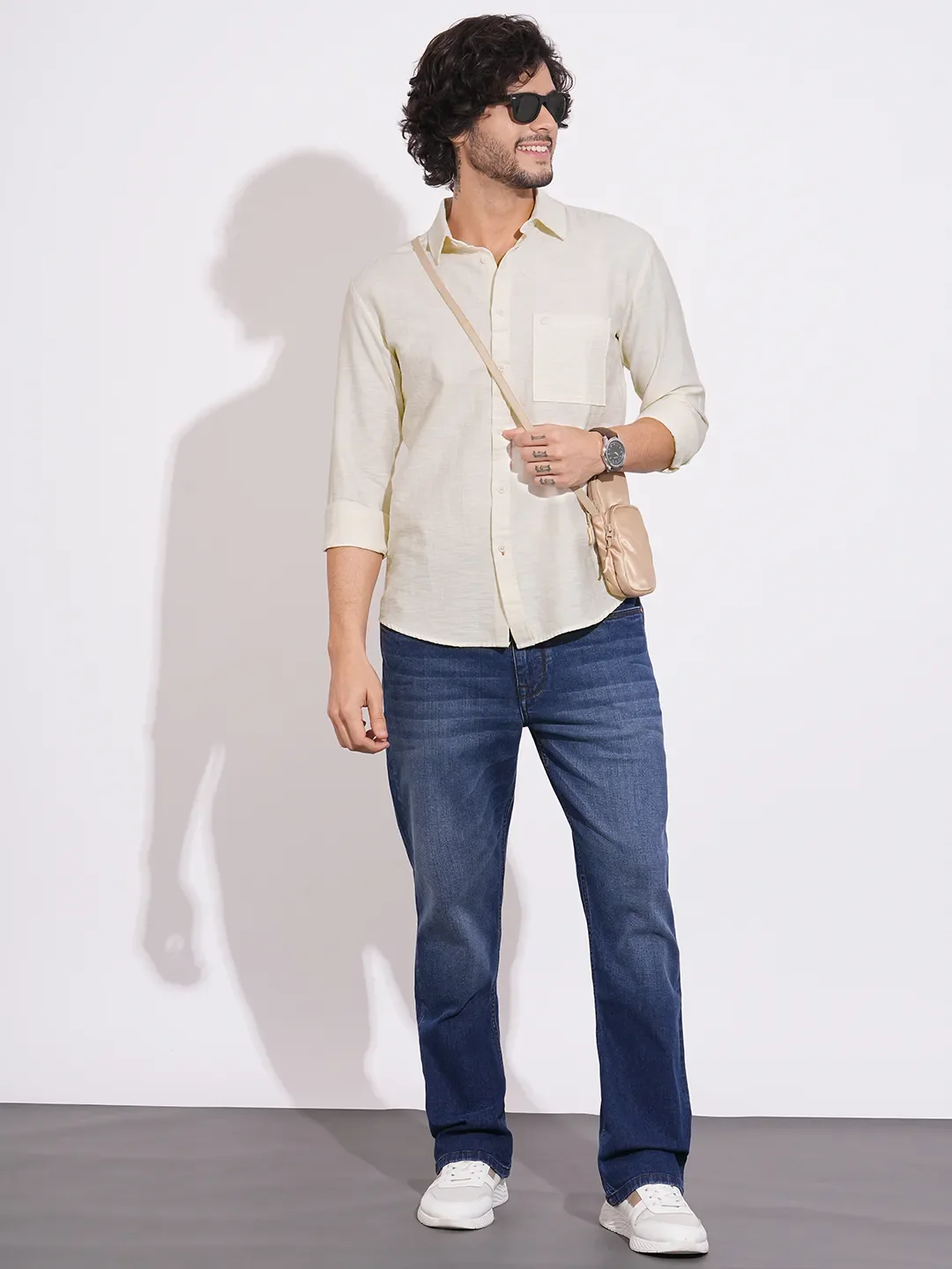 Beige Moderno Fit Regular Collar Long Sleeves Cotton Blend Men's Shirt by Being Human Clothing - Image 4