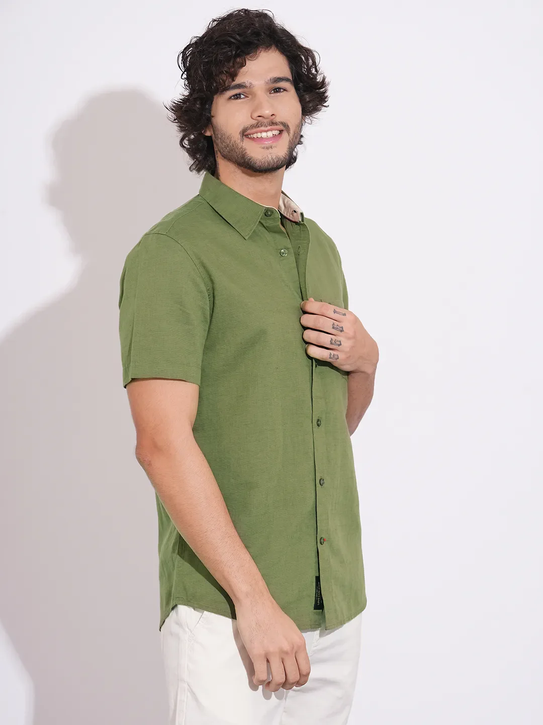 Olive Moderno Fit Regular Collar Men's Shirt by Being Human Clothing - Image 2