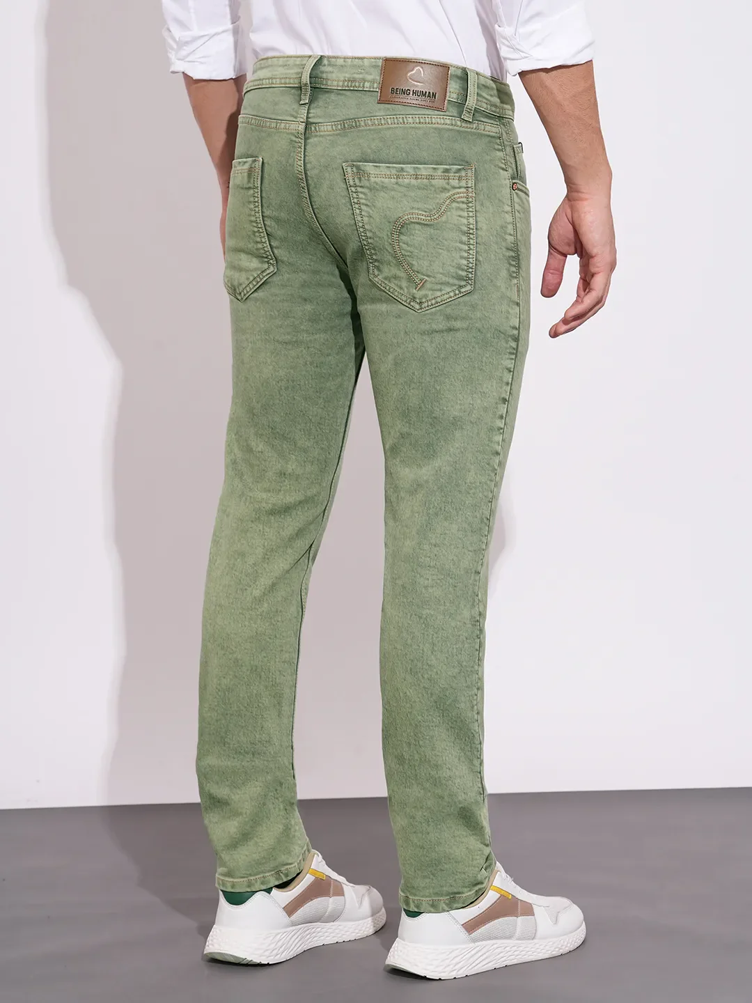 Olive Straight Fit Cotton Blend Men's Denims by Being Human Clothing - Image 3