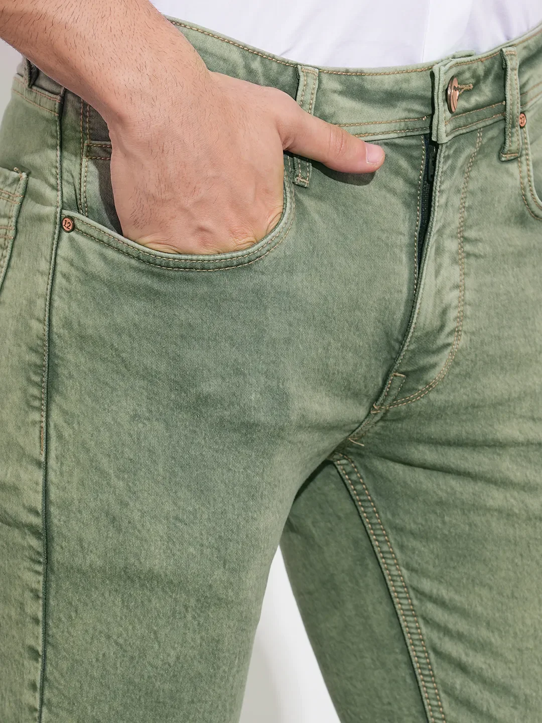 Olive Straight Fit Cotton Blend Men's Denims by Being Human Clothing - Image 5