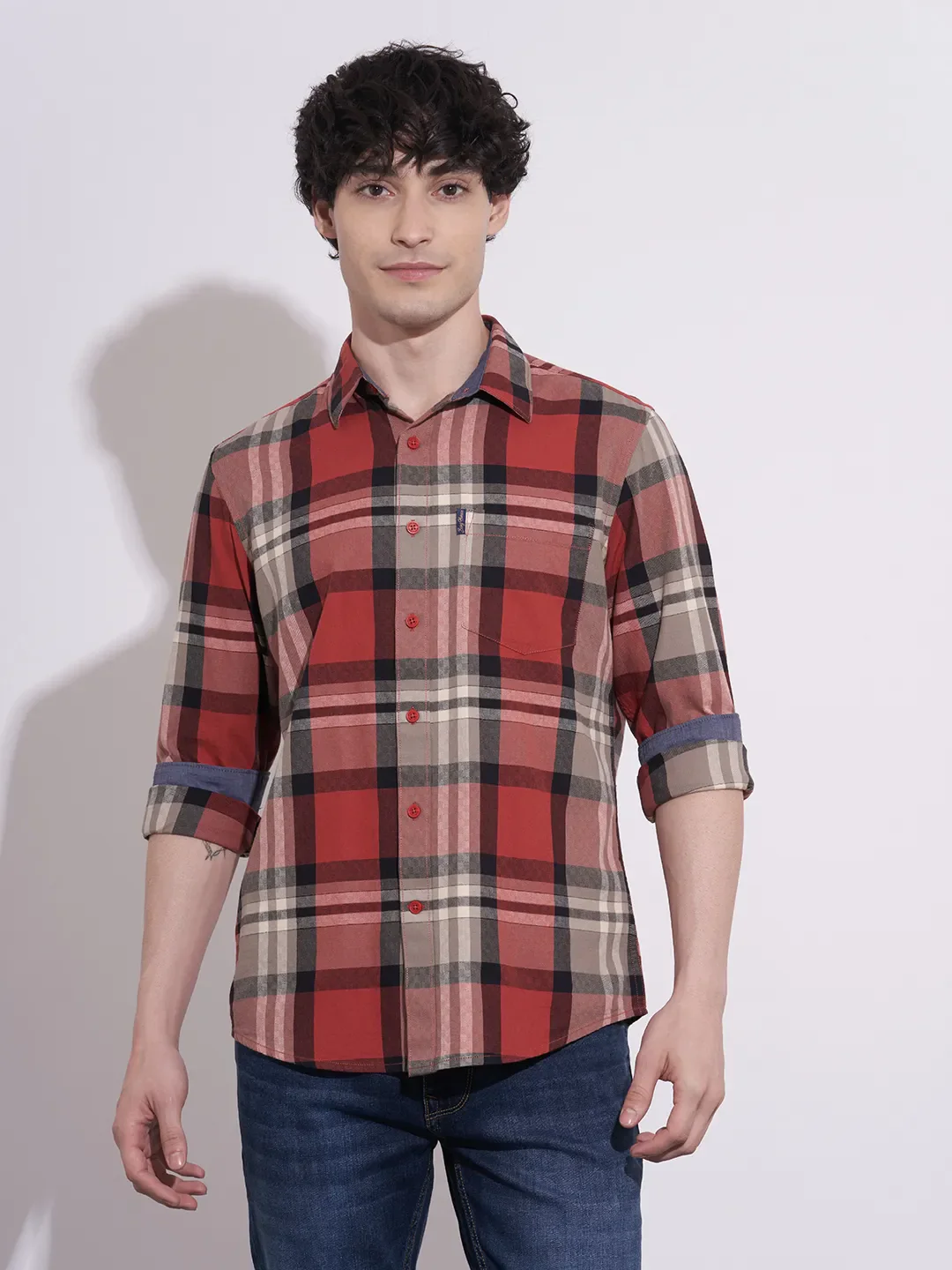 Red Regular Fit Regular Collar Men's Shirt by Being Human Clothing