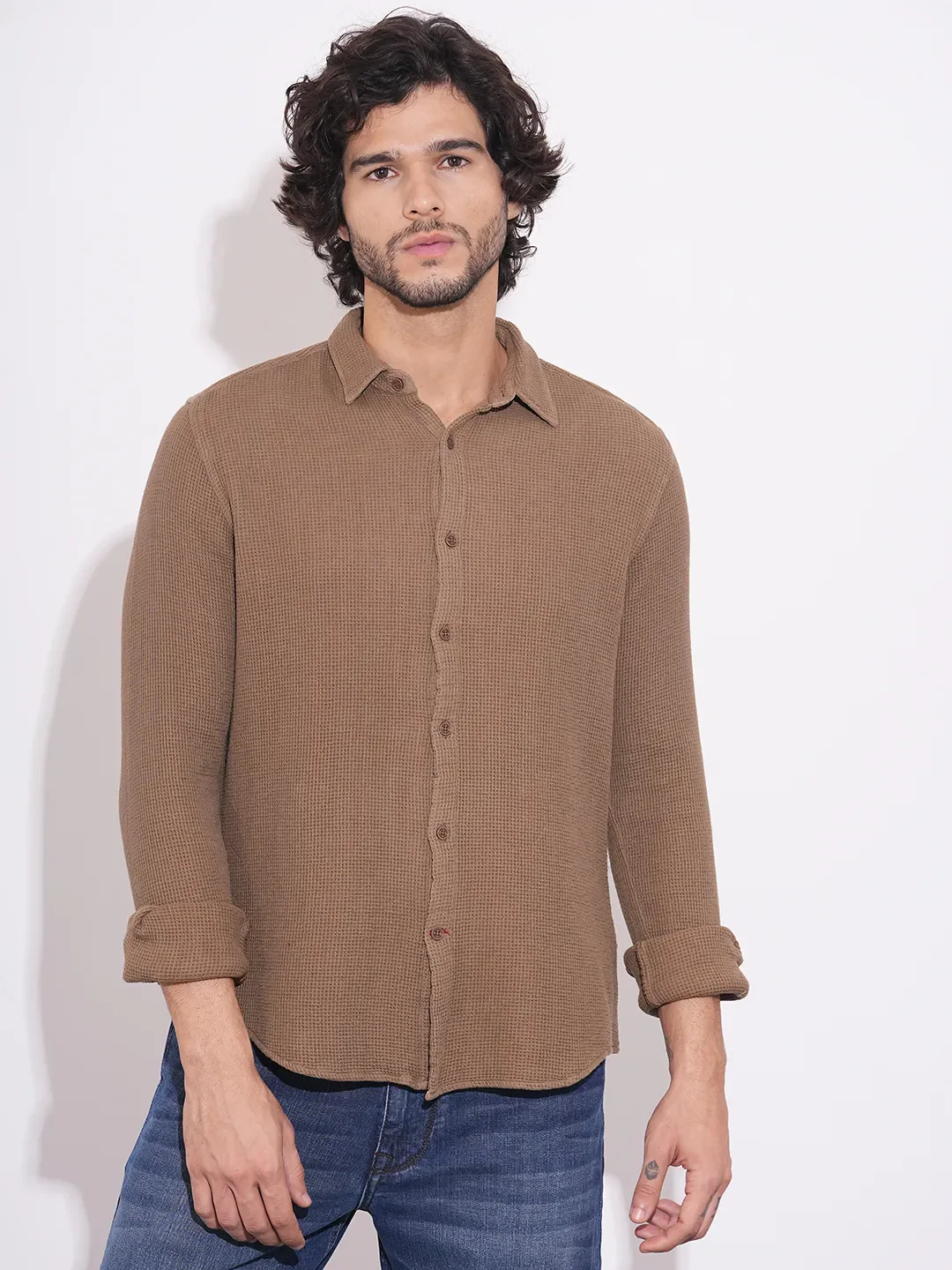 Orange Moderno Fit Regular Collar Long Sleeves Cotton Men's Shirt by Being Human Clothing