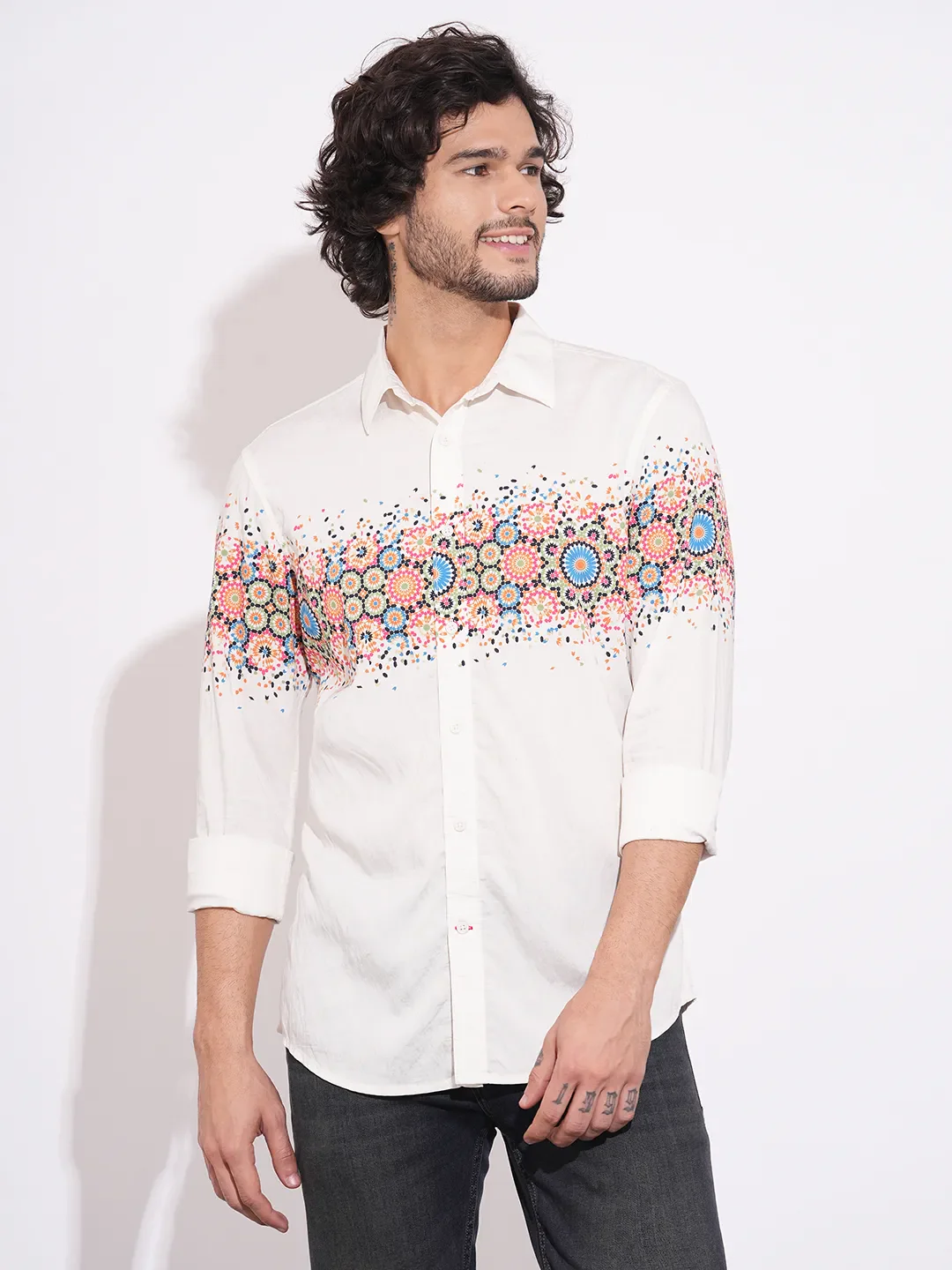 White Moderno Fit Regular Collar Men's Shirt by Being Human Clothing