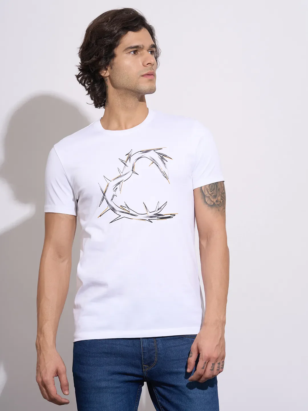 White Moderno Fit Round Neck Men's T-Shirt by Being Human Clothing