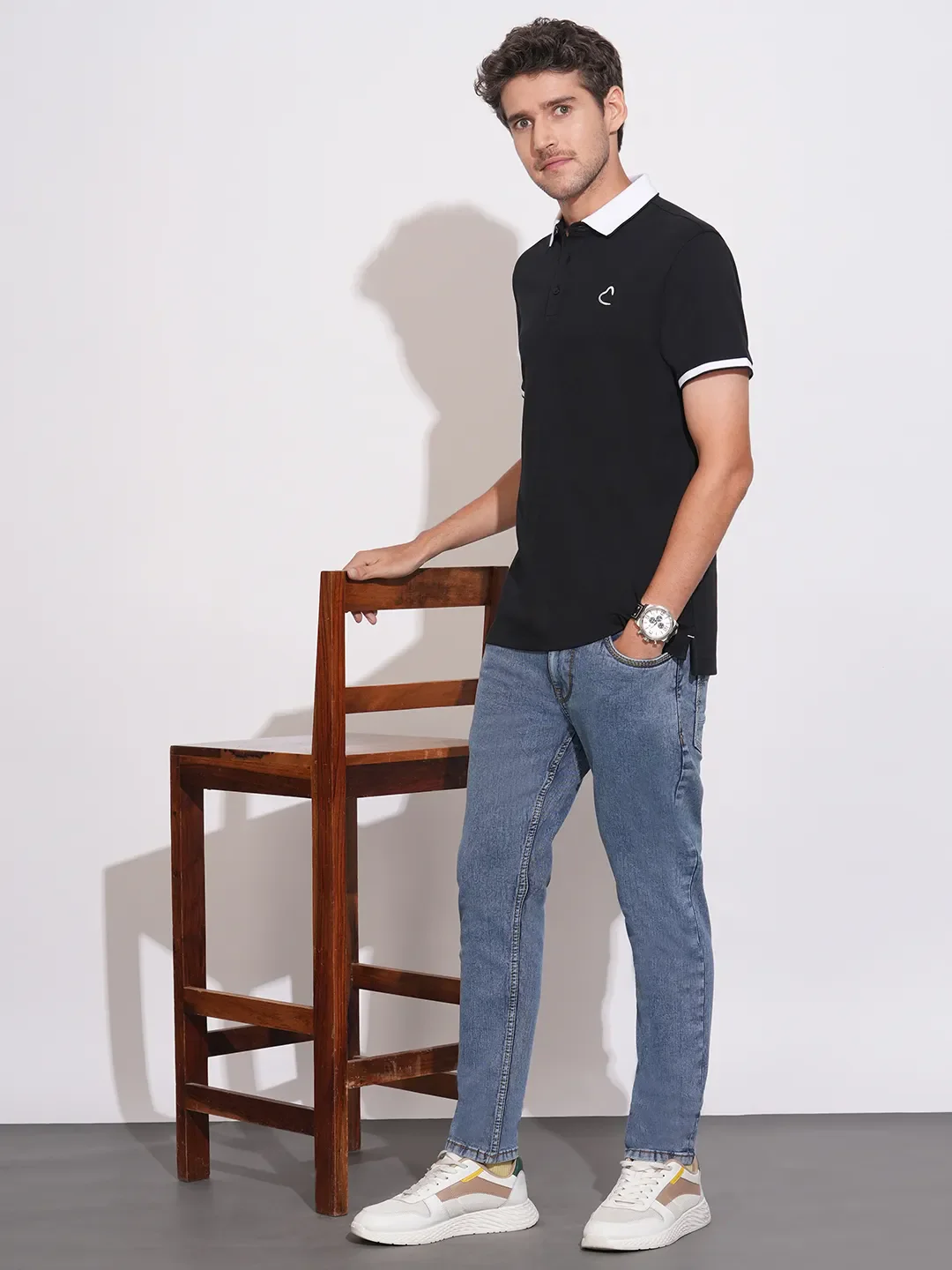Blue Cropped Fit Cotton Blend Men's Denims by Being Human Clothing - Image 4