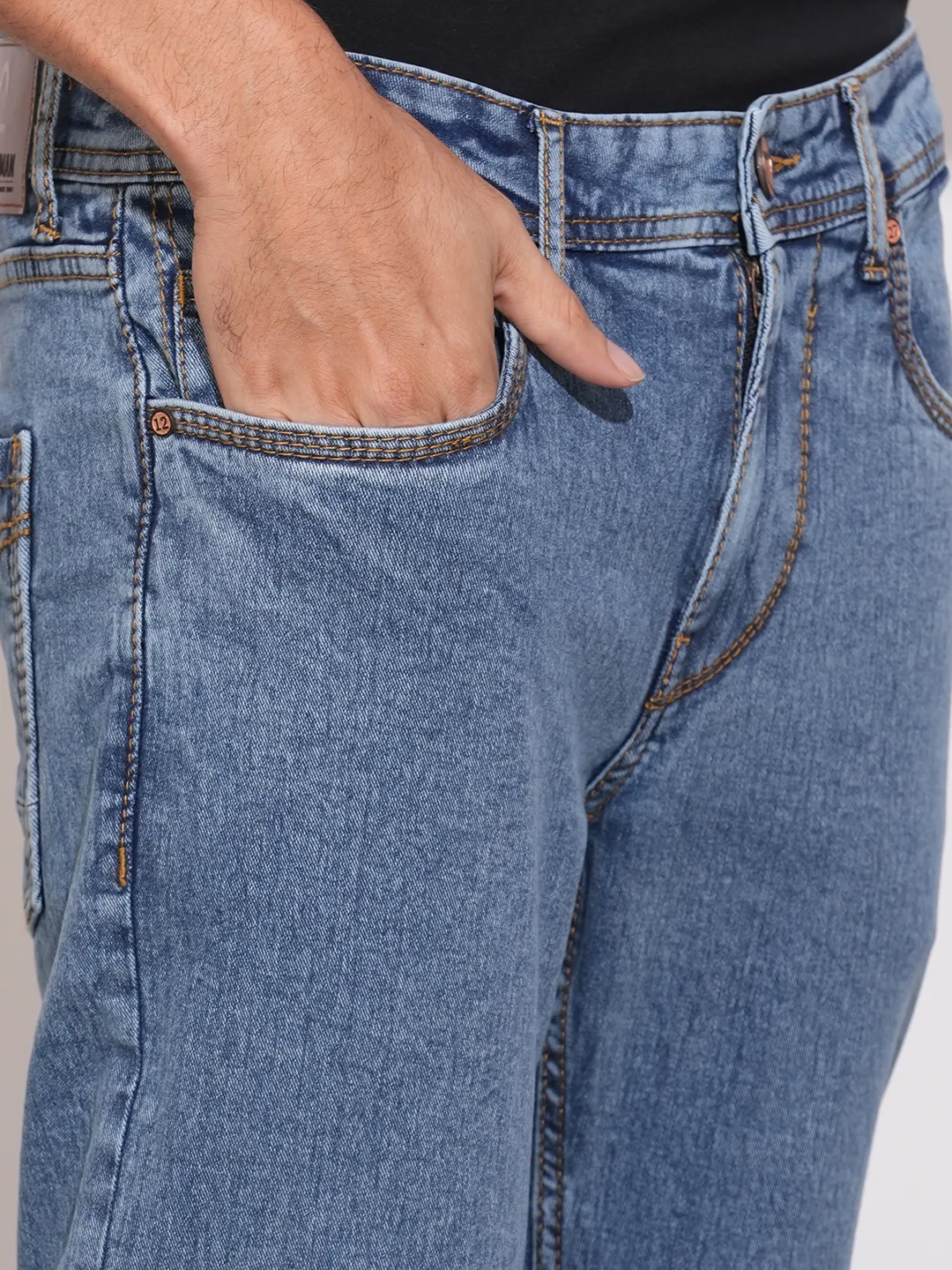 Blue Cropped Fit Cotton Blend Men's Denims by Being Human Clothing - Image 5