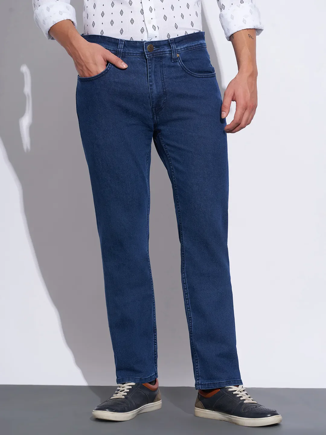 Blue Straight Fit Cotton Blend Men's Denims by Being Human Clothing