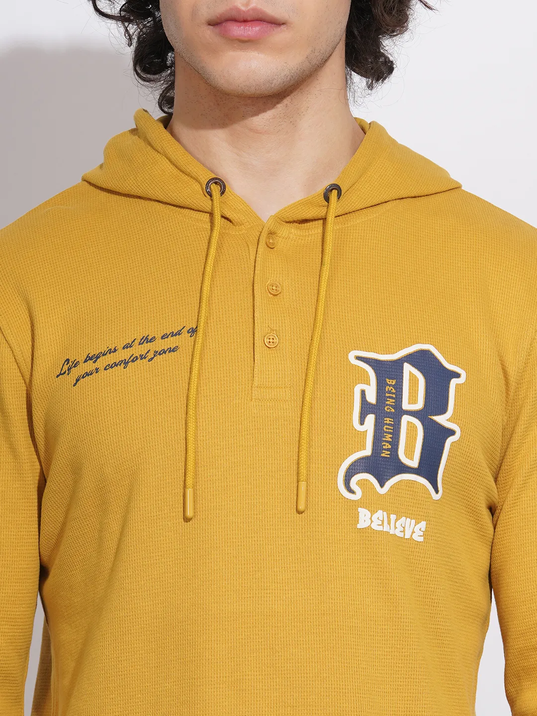 Yellow Regular Fit  Long Sleeves Cotton Men's Hoodie by Being Human Clothing - Image 5