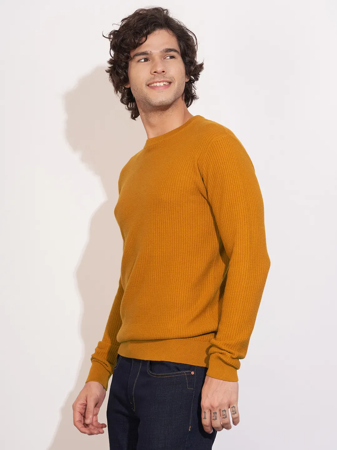 Mustard Regular Fit Round Neck Men's Sweatshirt by Being Human Clothing - Image 2