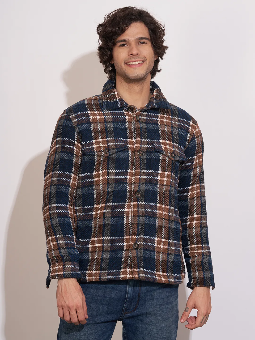 Blue Moderno Fit Regular Collar Long Sleeves Men's Shacket by Being Human Clothing
