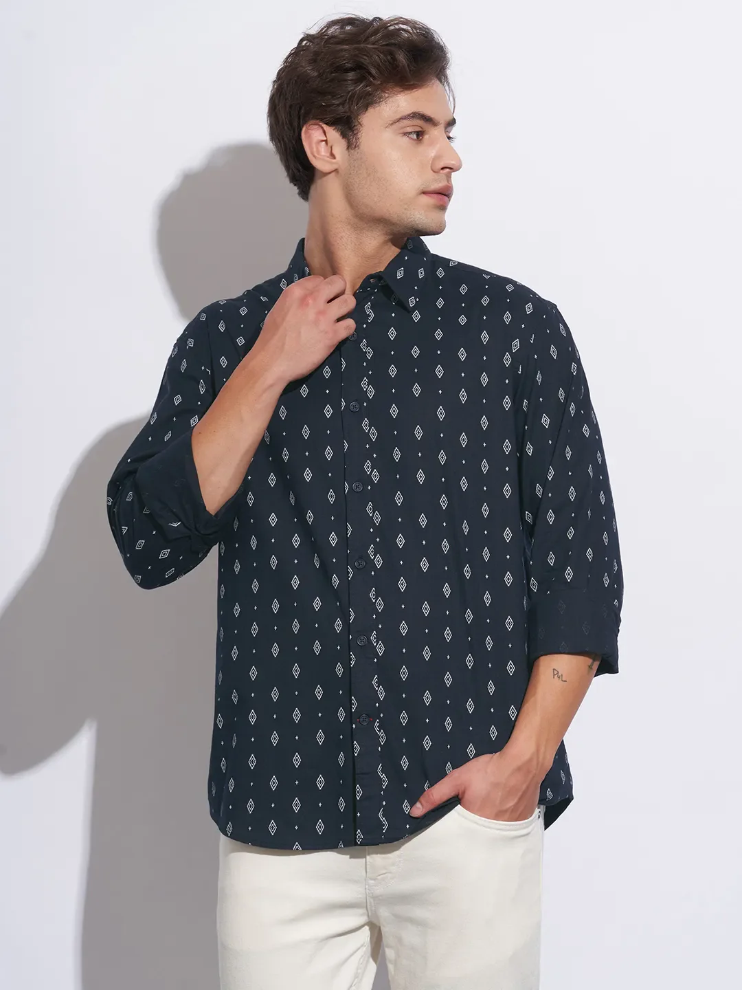 Blue Moderno Fit Regular Collar Long Sleeves Cotton Men's Shirt by Being Human Clothing