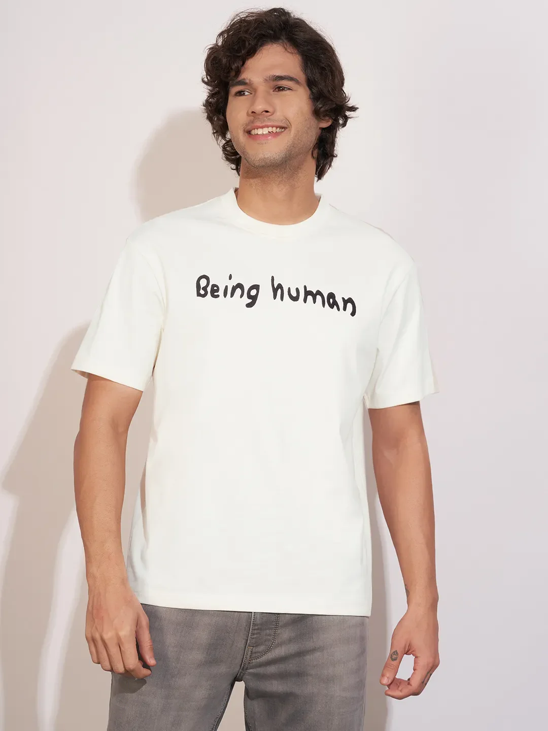 Off White Easy Fit Round Neck Men's T-Shirt by Being Human Clothing