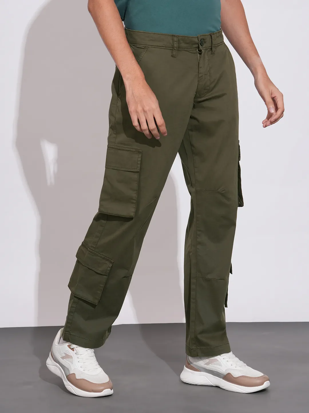 Olive Regular Fit Cargos for Men By Being Human Clothing - Image 2