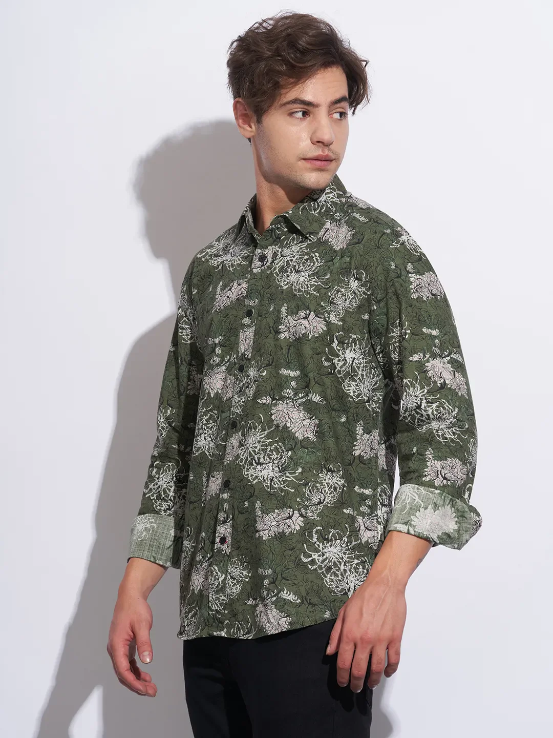 Olive Moderno Fit Regular Collar Long Sleeves Cotton Men's Shirt by Being Human Clothing - Image 2