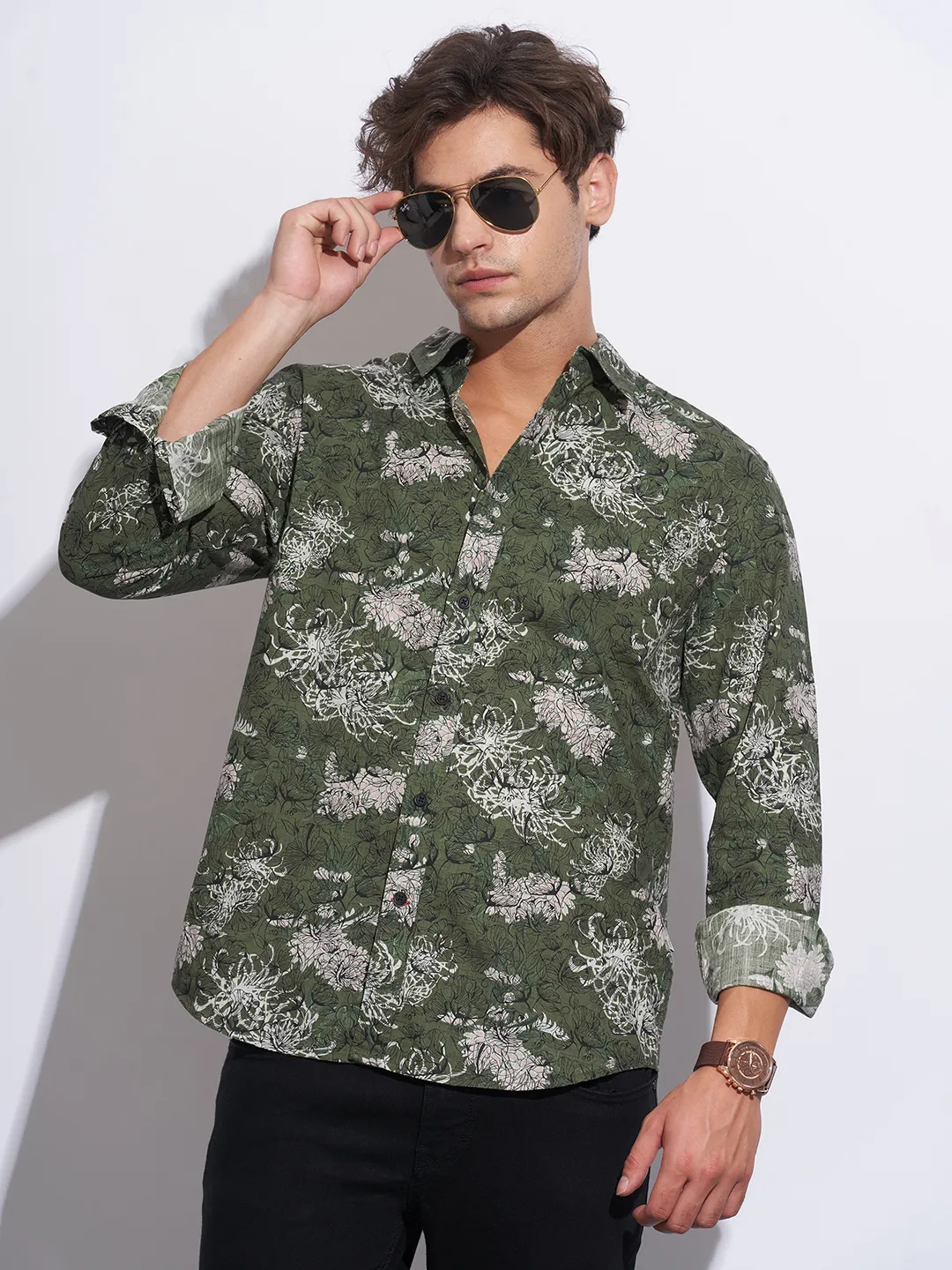 Olive Moderno Fit Regular Collar Long Sleeves Cotton Men's Shirt by Being Human Clothing - Image 6