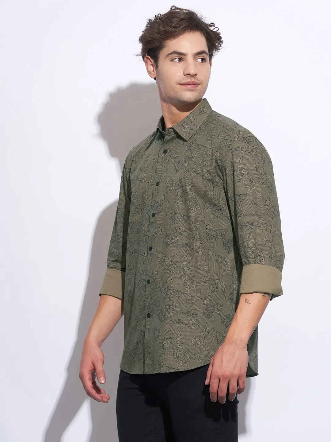 Olive Moderno Fit Regular Collar Long Sleeves Cotton Men's Shirt by Being Human Clothing - Image 2