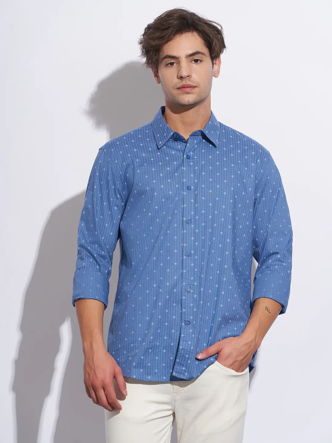 Blue Moderno Fit Regular Collar Long Sleeves Cotton Men's Shirt by Being Human Clothing