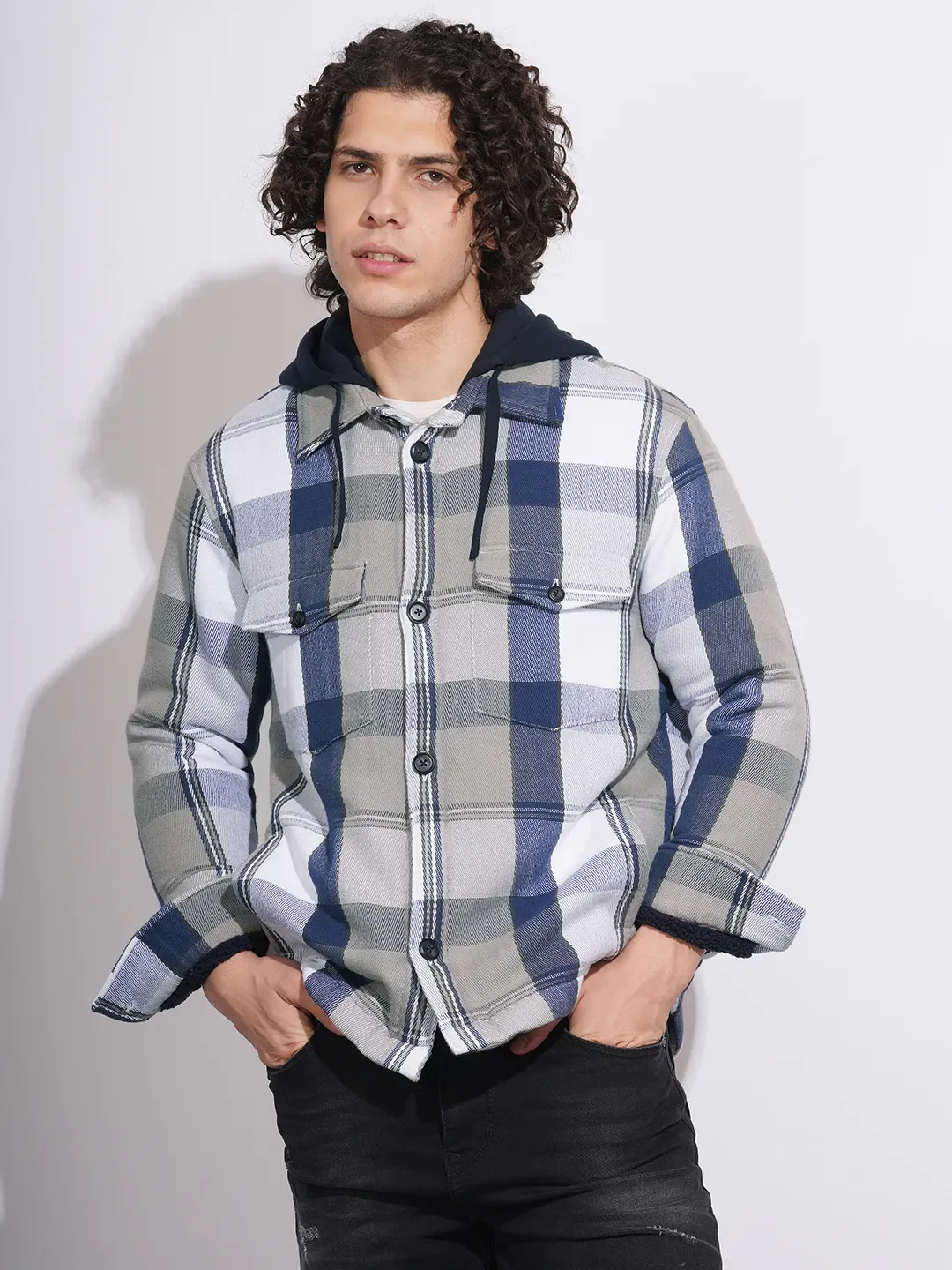 White Moderno Fit Regular Collar Long Sleeves Men's Shacket by Being Human Clothing