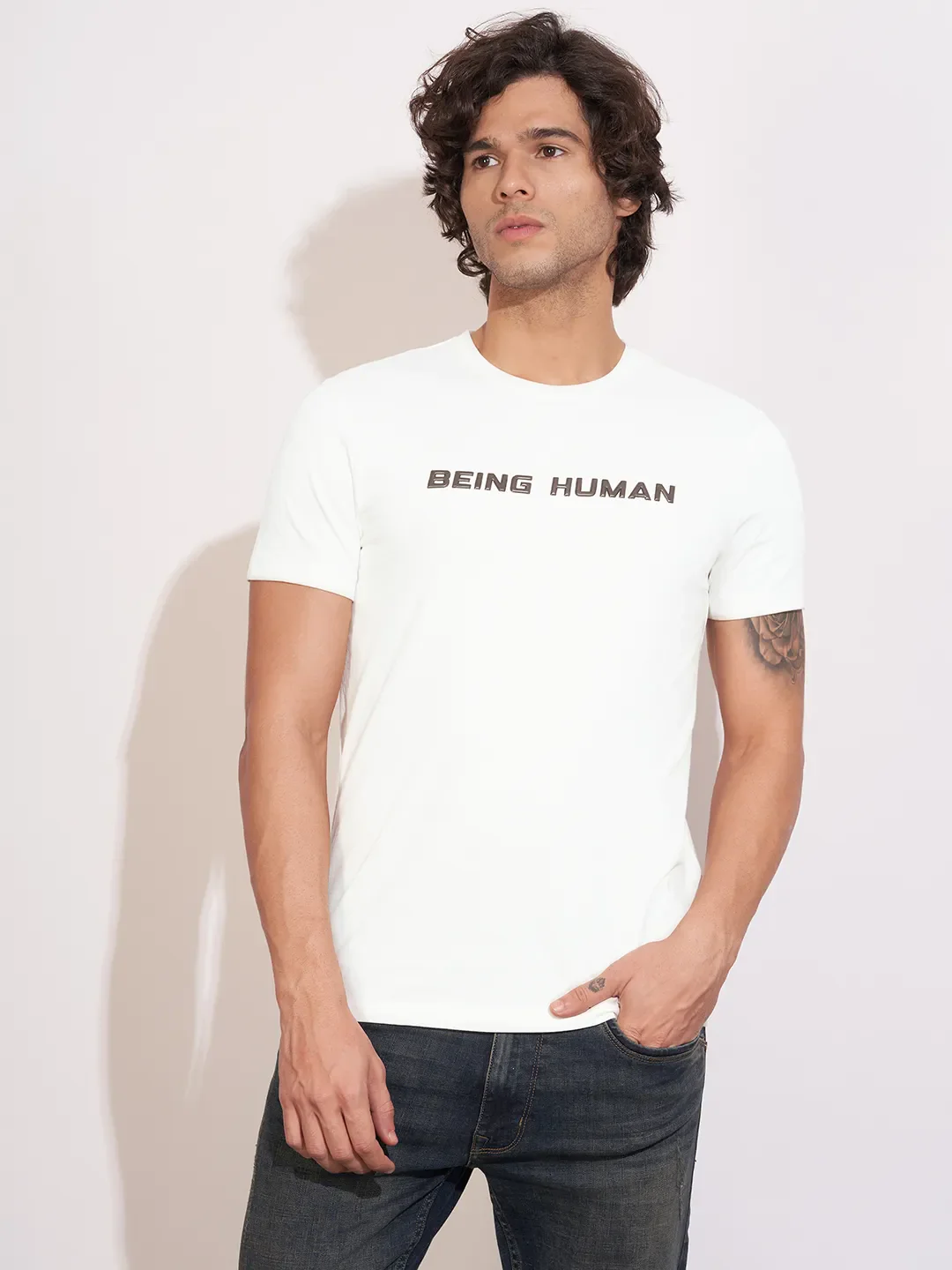 White Moderno Fit Round Neck Men's T-Shirt by Being Human Clothing