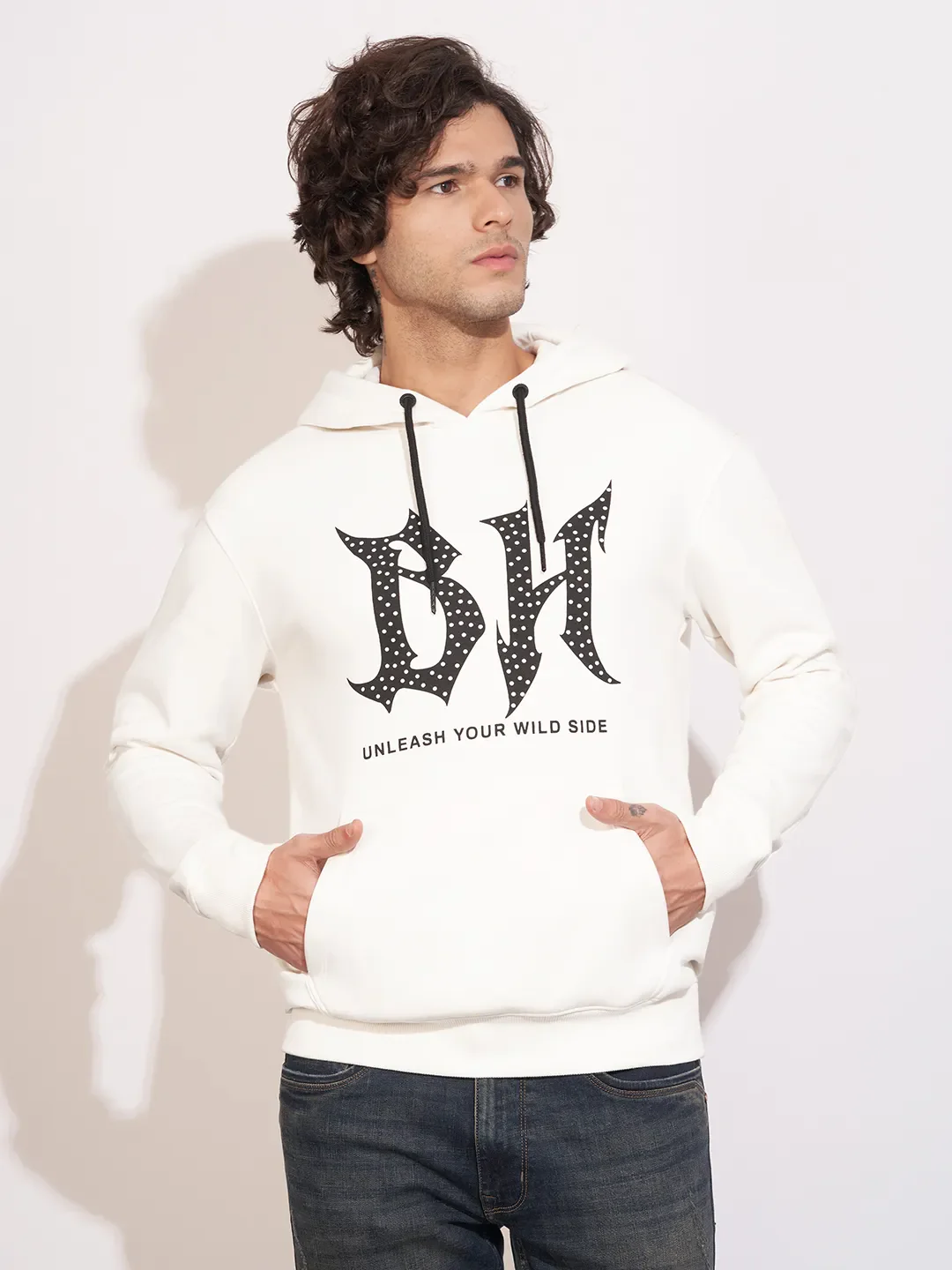 White Easy Fit Long Sleeves Cotton Blend Men's Hoodie by Being Human Clothing