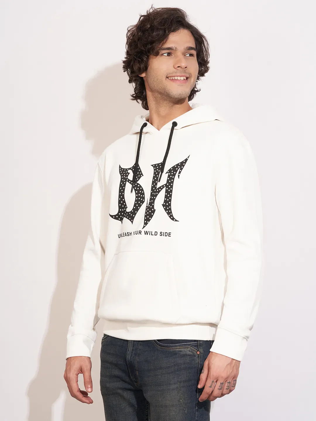 White Easy Fit Long Sleeves Cotton Blend Men's Hoodie by Being Human Clothing - Image 2