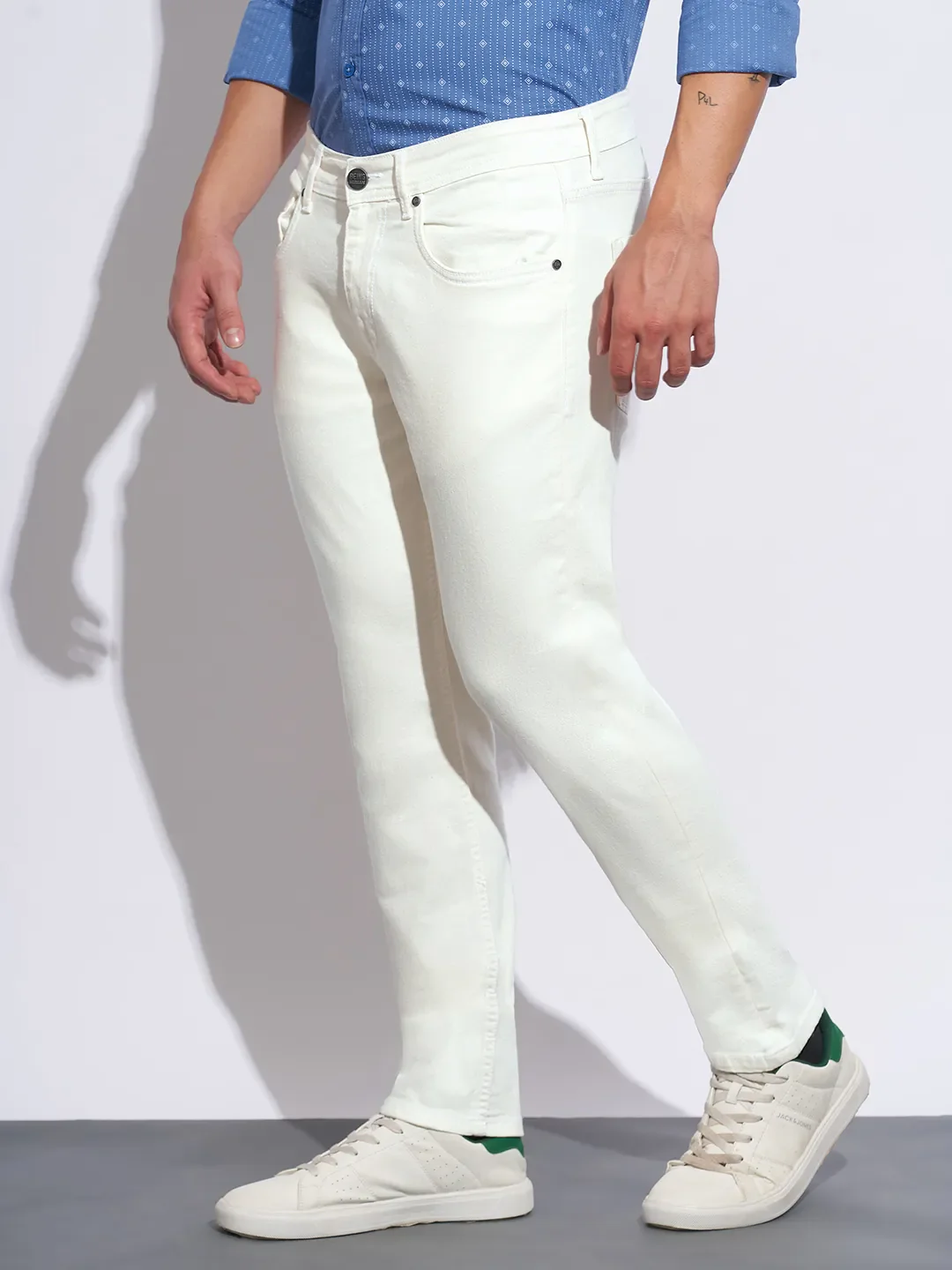 White Slim Fit Cotton Blend Men's Denims by Being Human Clothing - Image 2