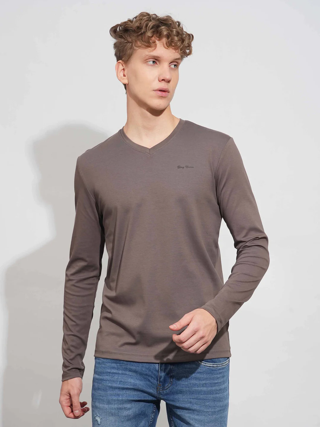 Grey Slim Fit V Neck Men's T-Shirt by Being Human Clothing
