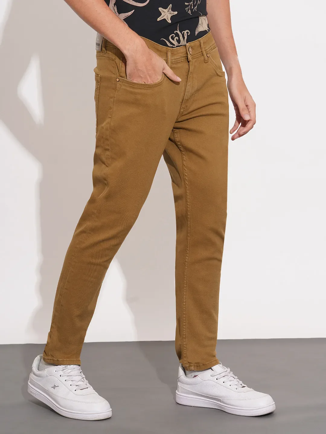 Brown Cropped Fit Cotton Blend Men's Denims by Being Human Clothing - Image 2