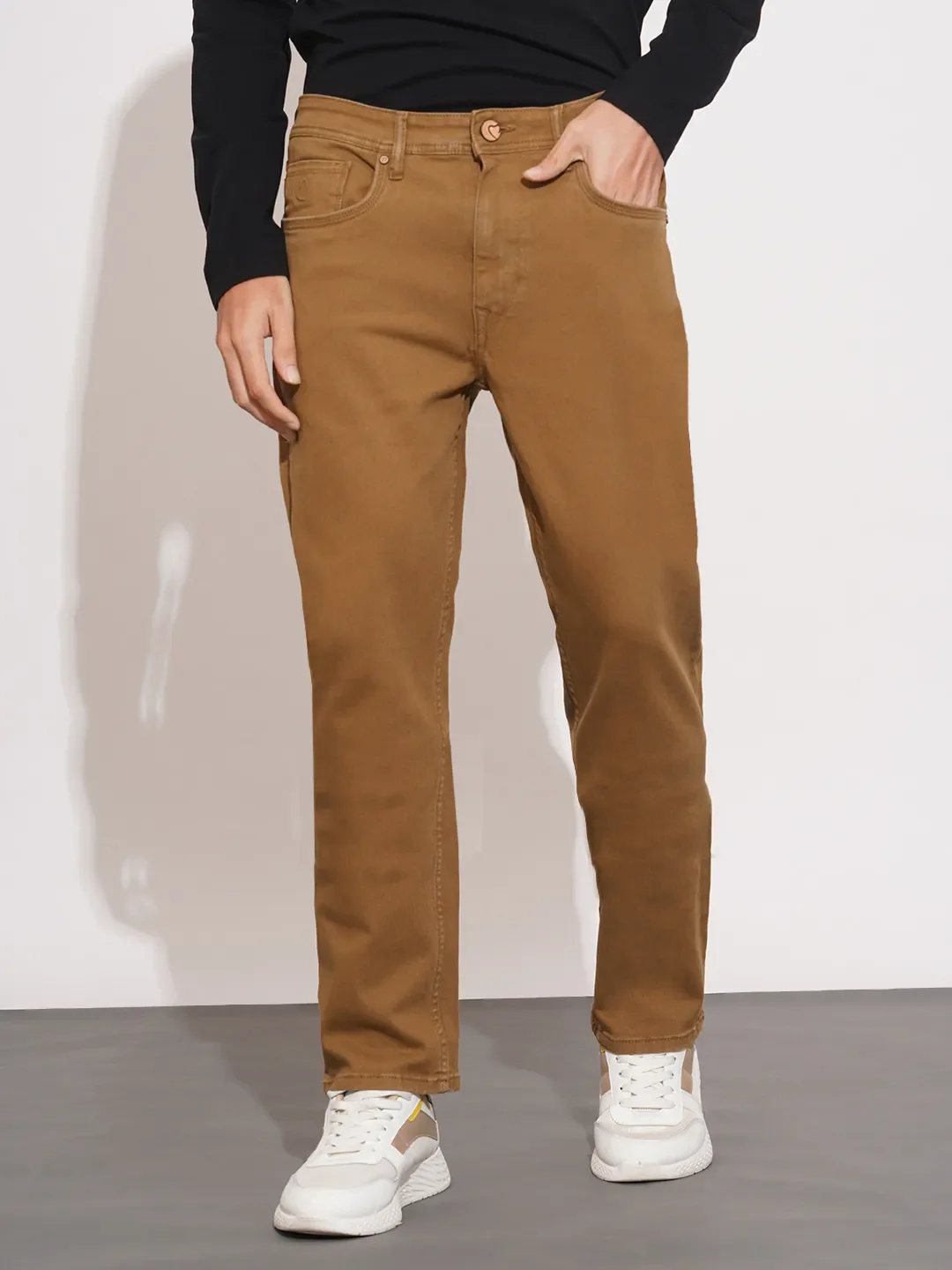 Brown Straight Fit Cotton Blend Men's Denims by Being Human Clothing