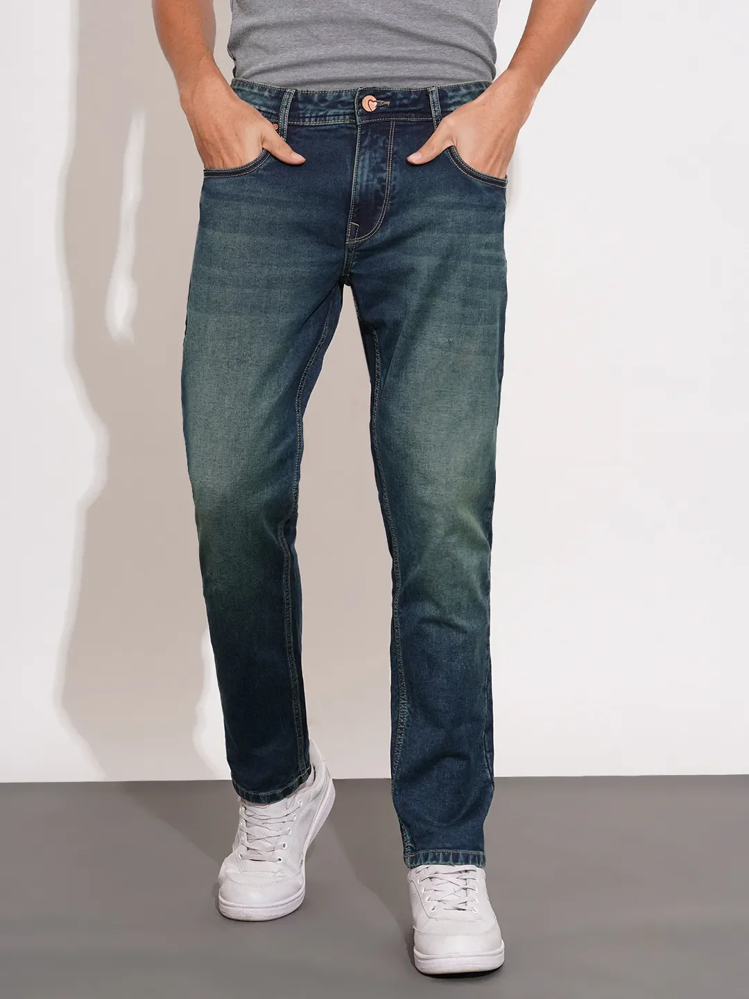Blue Straight Fit Cotton Blend Men's Denims by Being Human Clothing