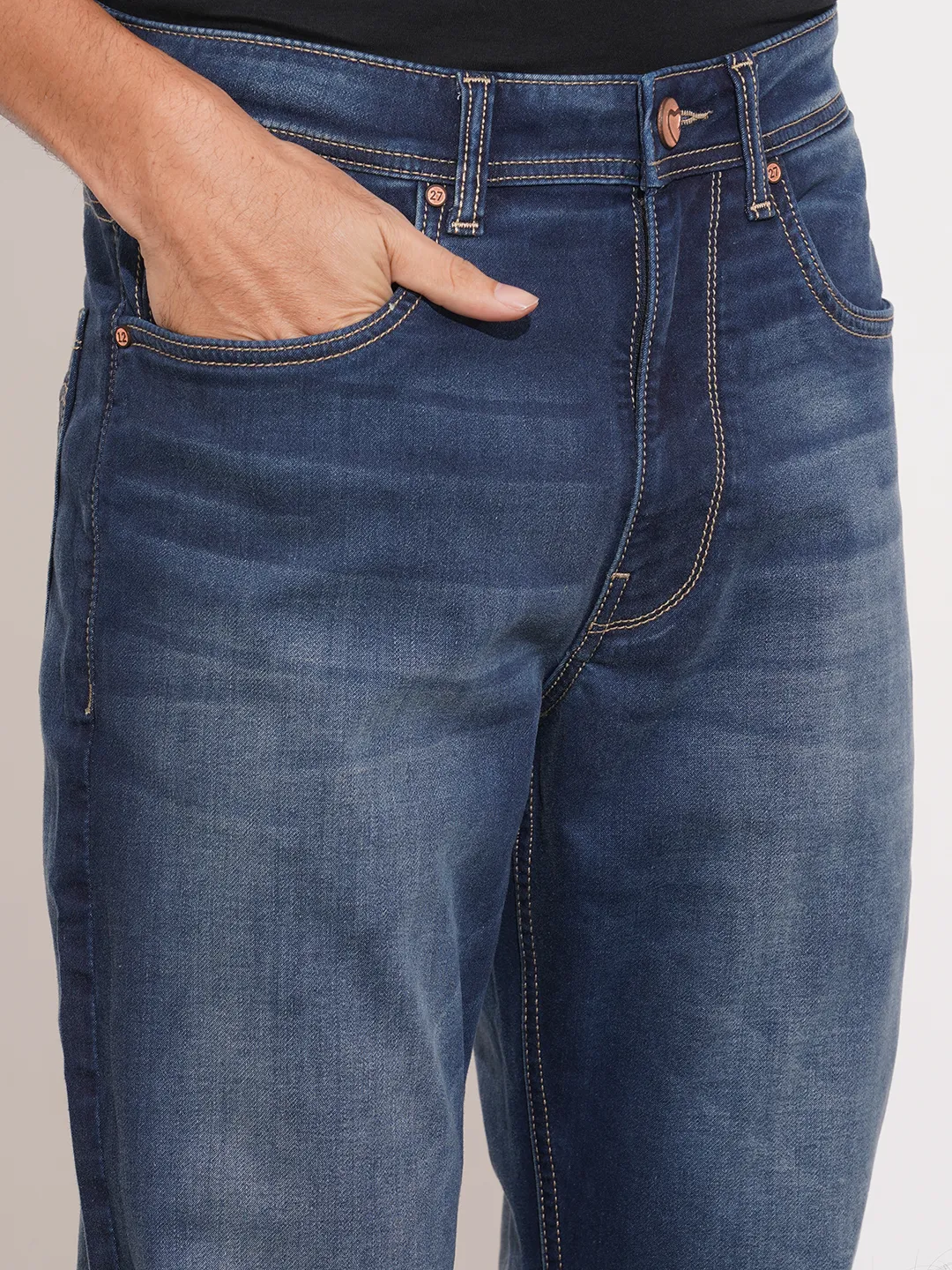 Blue Straight Fit Cotton Blend Men's Denims by Being Human Clothing - Image 5
